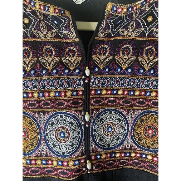 Chinyere Women’s Black Embroidered Knee Length Midi Dress Size Medium Aztec - Picture 5 of 12